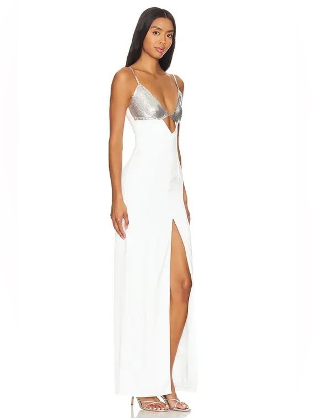 NBD White Maxi Dress with Silver Sequin Bodice
